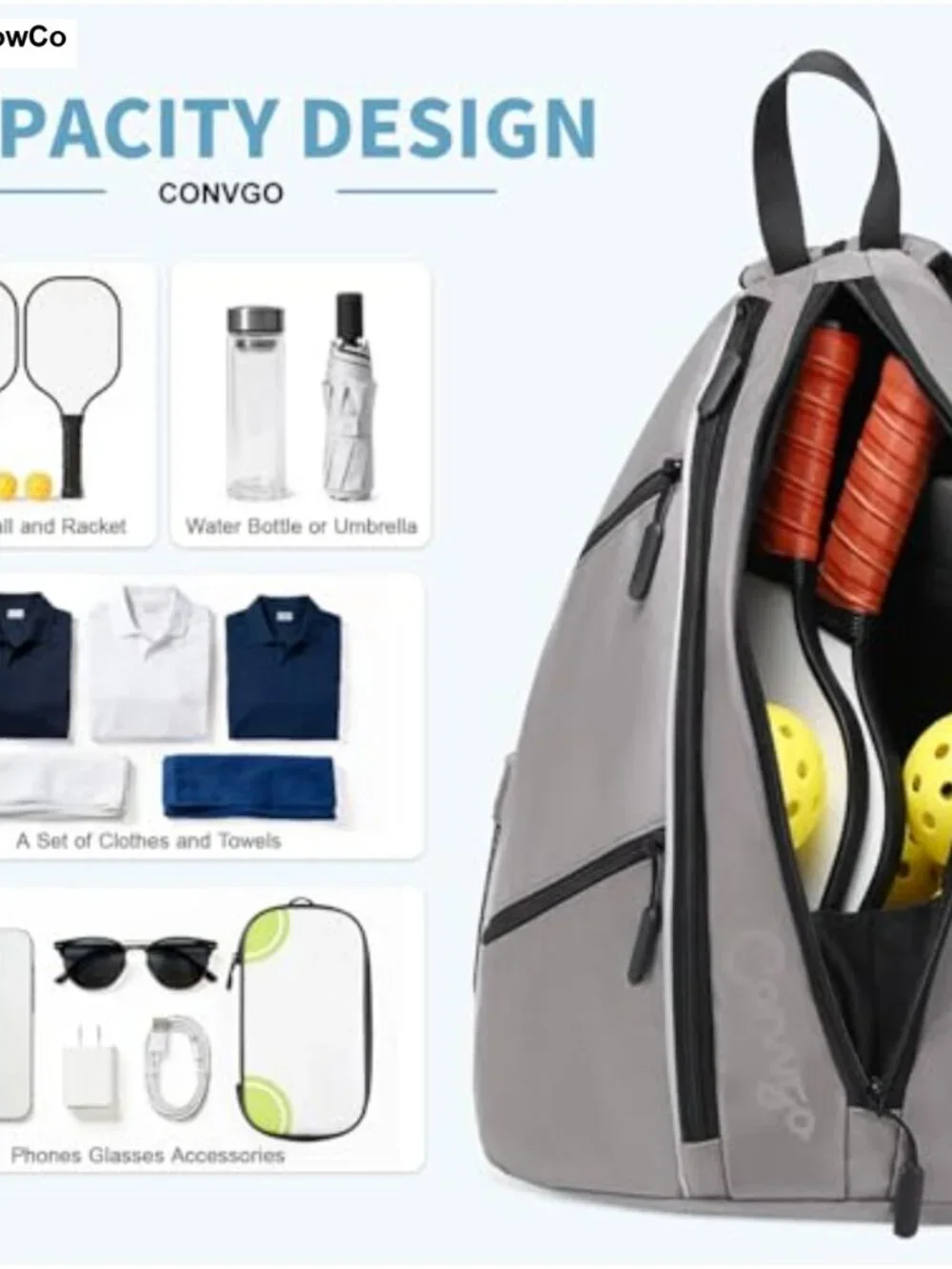 2-in-1 Pickleball Tennis Backpack Crossbody Sling Bag Waterproof Oxford Cloth